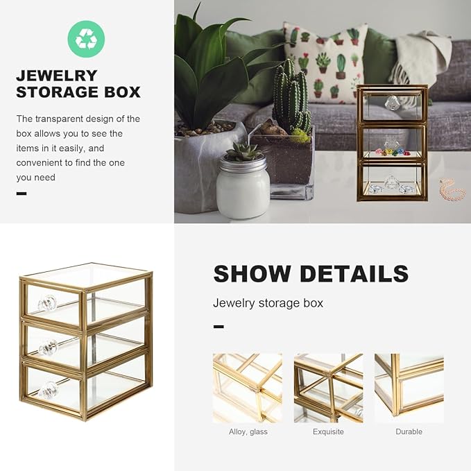 PRETYZOOM 3-tier Jewelry Storage Box Glass Versatile Makeup and Jewelry Organizer Easy Access for Home and Office Use