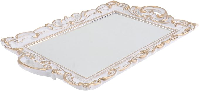 ULTECHNOVO Vintage European Style Mirror Tray Perfume Storage Plate Decorative Makeup Organizer White Rectangular Retro Mirror Tray for Photography and Home Décor