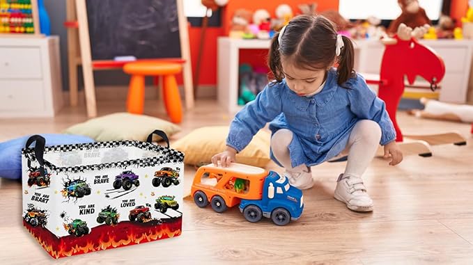 Essme Rectangular Kids Baskets,Monster Truck Storage Box,Cute Basket for Kids with Handles for Room Decor, Book Bins,Shelf Basket.(Flame truck)