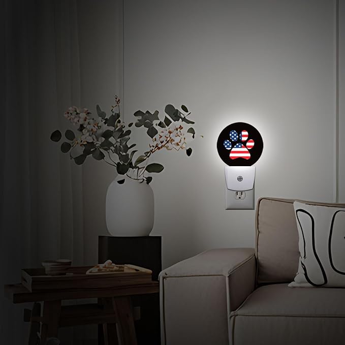 USA Flag Paw Plug in Night Light Auto Light Round Lamps Energy Saving Gift for Women Men Friends