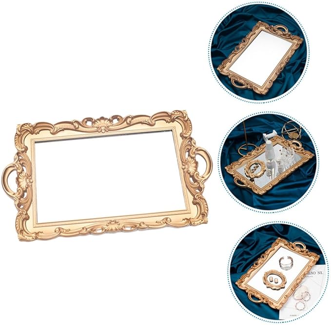 Golden Retro Mirror Tray Decorative Makeup Organizer Vanity Photo Prop European Style Rectangular Plastic Storage Plate for Perfume and Jewelry Display