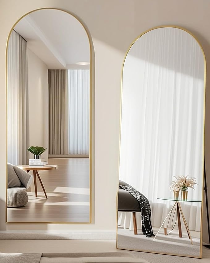 NEARBYSD Arched Full Length Mirror81 x41 Full Body Floor Mirror Standing Hanging or Leaning Wall, Arch Wall Mirror with Stand Aluminum Alloy Frame for Bedroom Cloakroom Gold