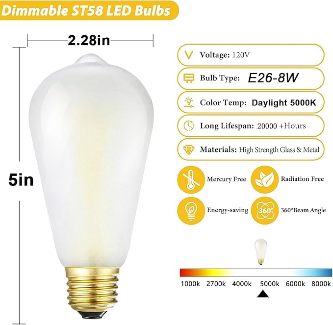 E26 Frosted LED Edison Bulbs, Daylight White 5000K,8W Equivalent 75W Light Bulb,850LM,AC120V, ST58 Vintage Edison Bulbs,Dimmable Antique LED Filament Bulbs, Pack of 6