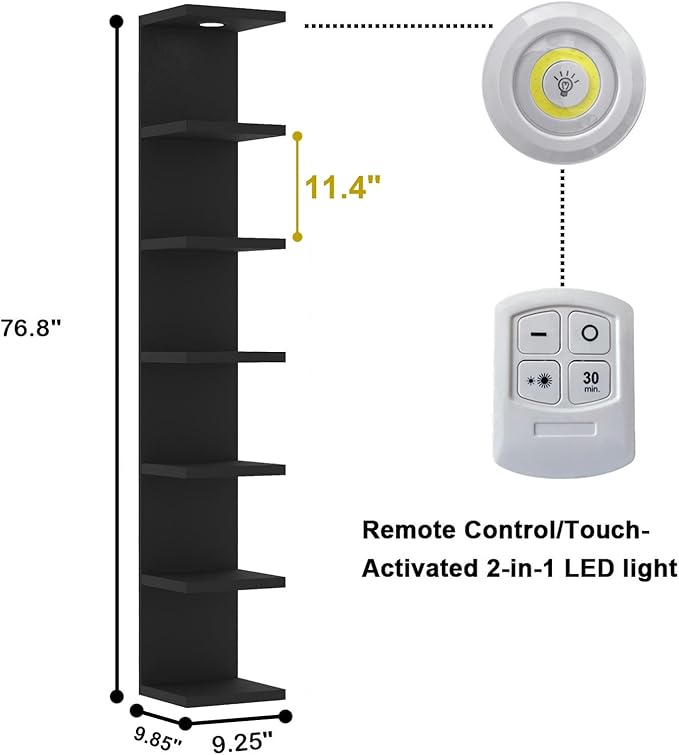 LitaEther Versatile 7 Tier Wall Shelf Unit,Black Lack Wall Shelf,Display Floating Shelf with LED Remote Control Light