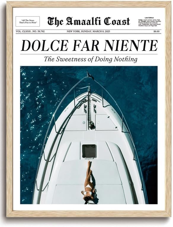 Bwodke OAK Wood Framed Wall Art Dolce Far Niente Canvas Art La Dolce Vita Pictures Wall Decor Vintage Magazine Italian Summer Prints Trendy Newspaper Artwork for Girly Dorm Bedroom 8"x10"