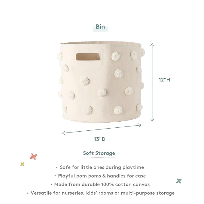Pehr Pom Pom Basket, Bin (Blush) | 100% Cotton Canvas Storage for Nursery, Playroom & Home | Decorative Organizer | 13”D x 12”H