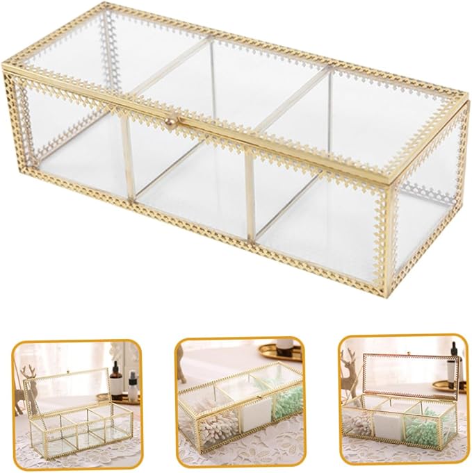 FRCOLOR Jewelry Organizer Box with Glass Lid and Gold Metal Frame Compartment Makeup Organizer Case for Rings Earrings Necklaces Dustproof Decorative Storage for Vanity Desk and Bathroom