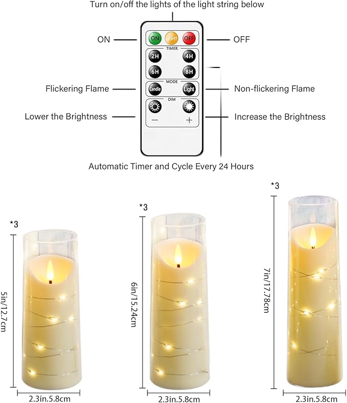 Eebuss Flameless Candles with Embedded Star String, Battery Operated LED Pillar Candles with Timer and Remote Control,Home Decorating for Ambiance， Set of 9 (Ivory)