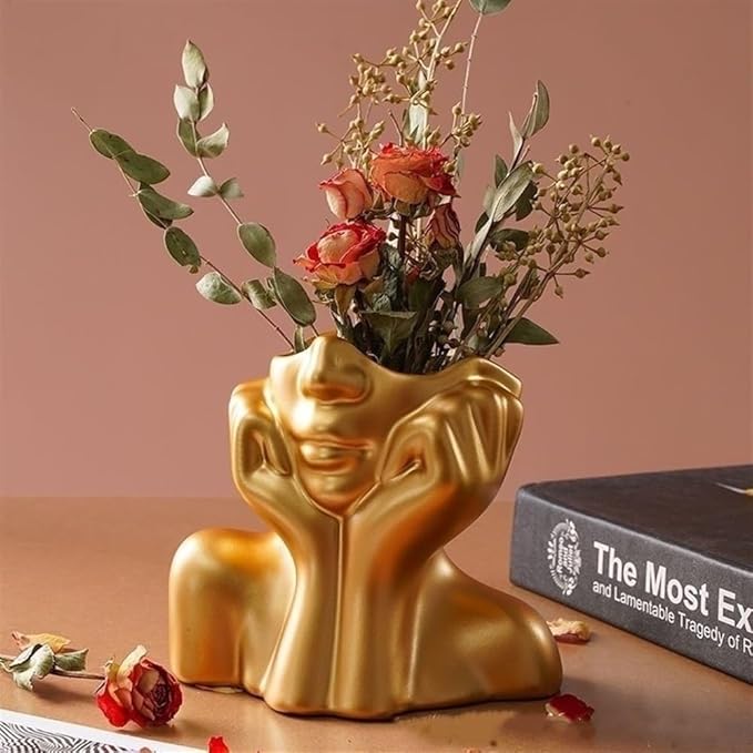 Face Vase – Small Human Body Art Vase in Resin,Women’s Head Shape for Flowers, Makeup Organizer & Desk Decor (Gold)