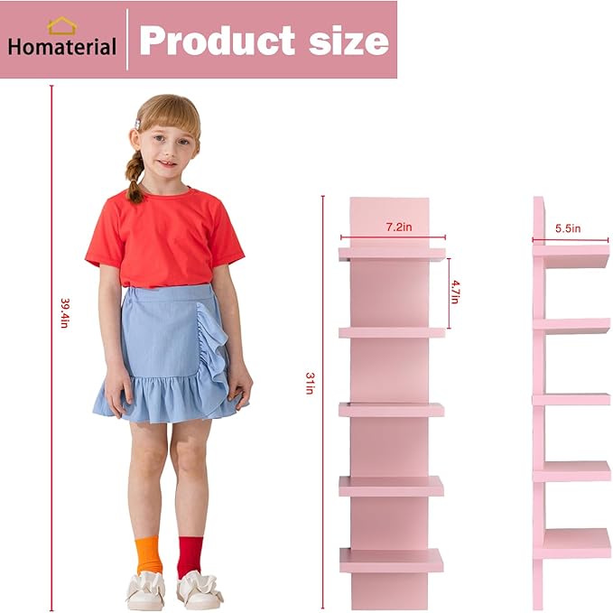 Homaterial 5 Tier Wall Shelf Unit, Decorative Wall Mount Vertical Shelving,Modern Column Floating Shelves for Bedrooms, Living Rooms 5.5" x 7.2" x 31"(Pink)