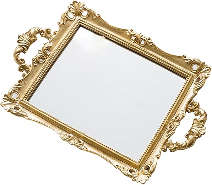 NUOBESTY Vintage Carved Mirror Tray Resin Decorative Plate Nordic Style Wedding Storage Tray Golden Retro Makeup Organizer for Bedroom Vanity Home Decor