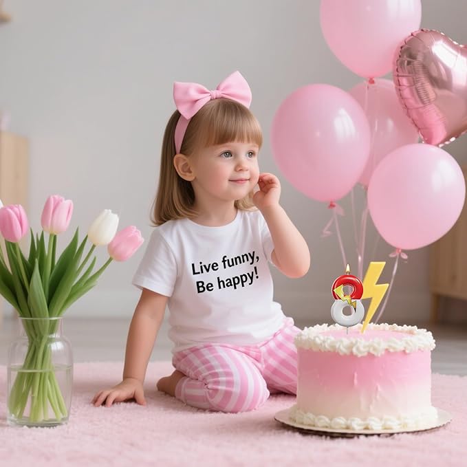 Red and White Birthday Number Candle Cartoon Style Cake Topper for Kids, Cute Decorative Numeral for Animated Theme Party & Anniversary Celebration(Pink Dot, 8)