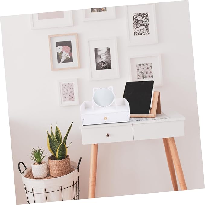 Makeup Vanity Mirror with Storage Case, Large Desktop Standing Mirror with Single Drawer, Round Cosmetic Organizer for Women’s Tabletop Dressing Table