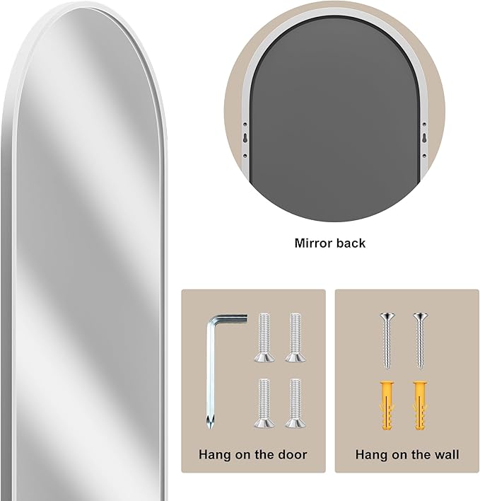 Vlush Door Mirror, Full Length Mirrors Over The Door, 14'' x 48'' Hanging/Rectangular Wall Mirror, Wall-Mounted/Hanging/Leaning, Home Decor,(White)