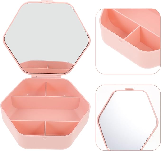 Totority Hexagonal Jewelry Box with Mirror, Pink Makeup Organizer and Travel Jewelry Holder, Portable Necklace Storage Case and Women