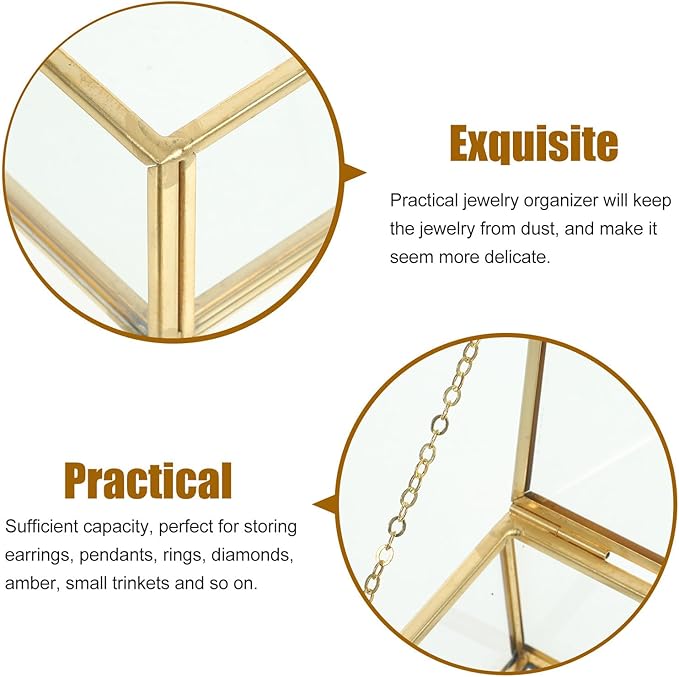 INOOMP Jewelry Container Glass Case with Lid Gold Alloy Frame Glass Perfume and Cosmetic Organizer Dustproof Jewelry Storage Box for Home Desktop