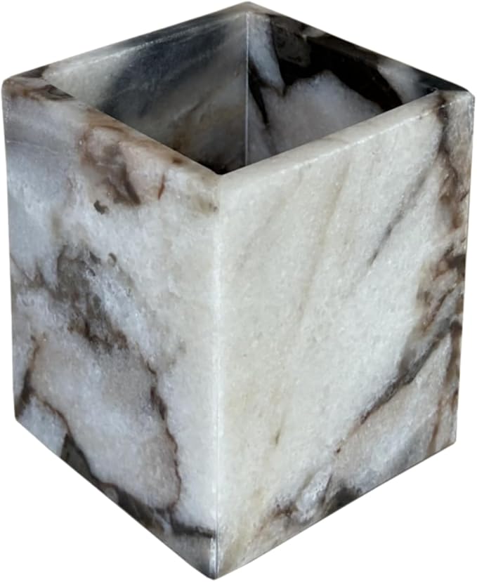 Natural Marble Stone Square Storage Container Empty Vessel Holder Cup for Candle/Pens/Sundries items (White Elephant Marble)