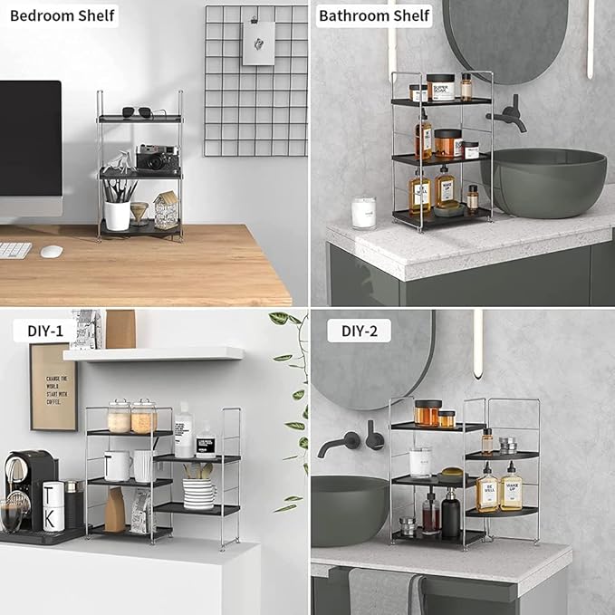 3-Tier Bathroom Countertop Organizer -Makeup Organizer -Corner Storage Shelf- Kitchen Spice Rack Standing Shelf-Great for Vanity, Bathroom, Bedroom, Kitchen (Silver&Black)