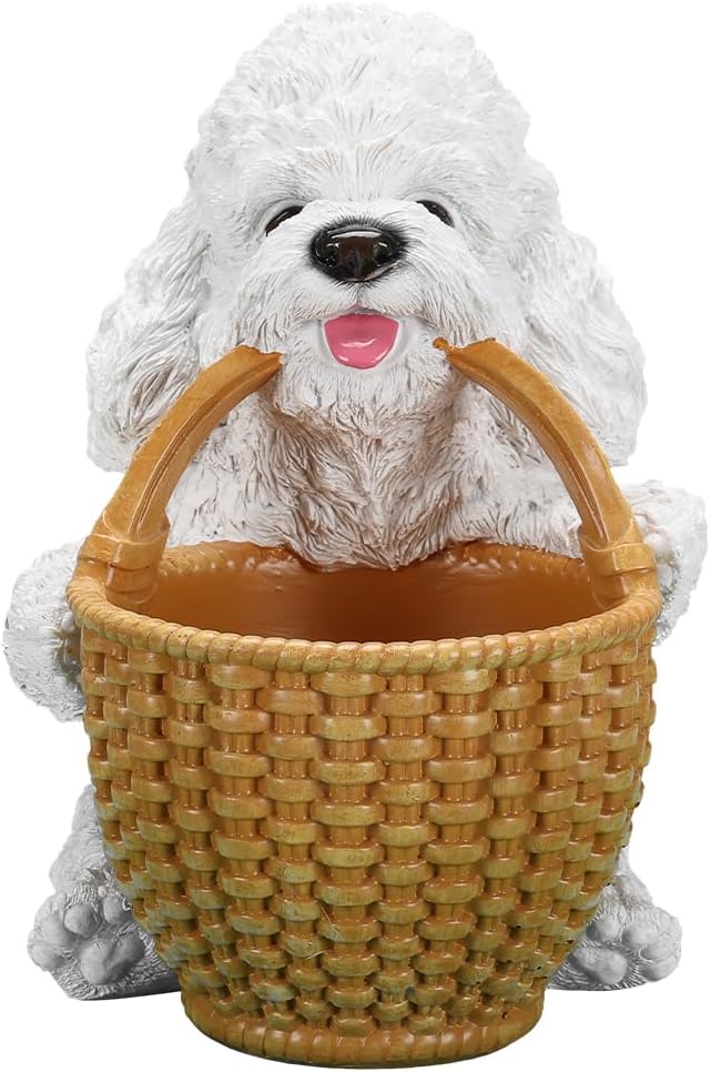White Poodle Candy Bowl, Resin Dog Figurine Key Bowl for Entryway Table, Desktop Storage Basket Organizer for Desk, Unique Dog Lover Gift