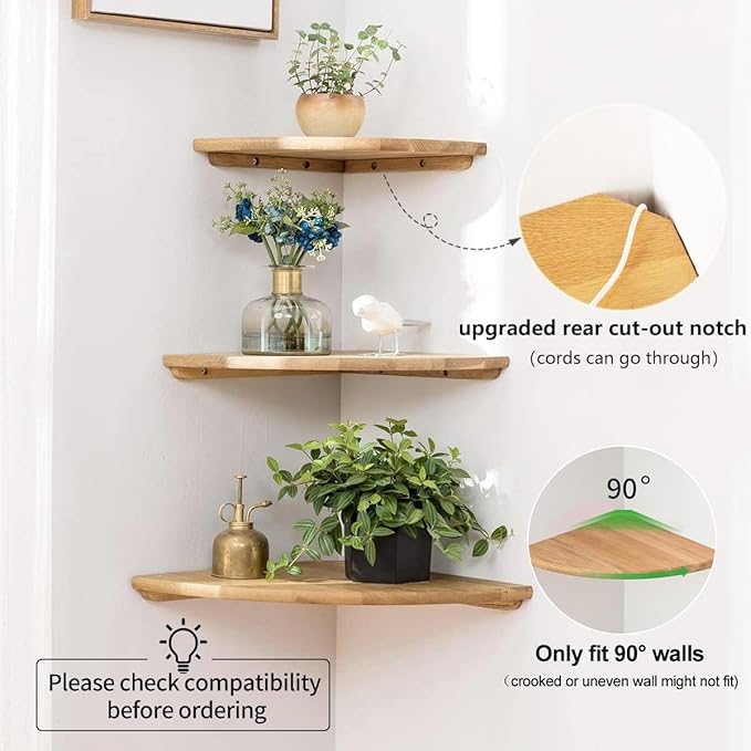 Corner Shelves, Floating Corner Shelf, Set of 2 16inch Solid Oak Wood Wall Shelves, Round End Wall Mount Display Shelf with Wire Hole for Bedroom Kitchen, Living Room (Oak, 16in 2P)