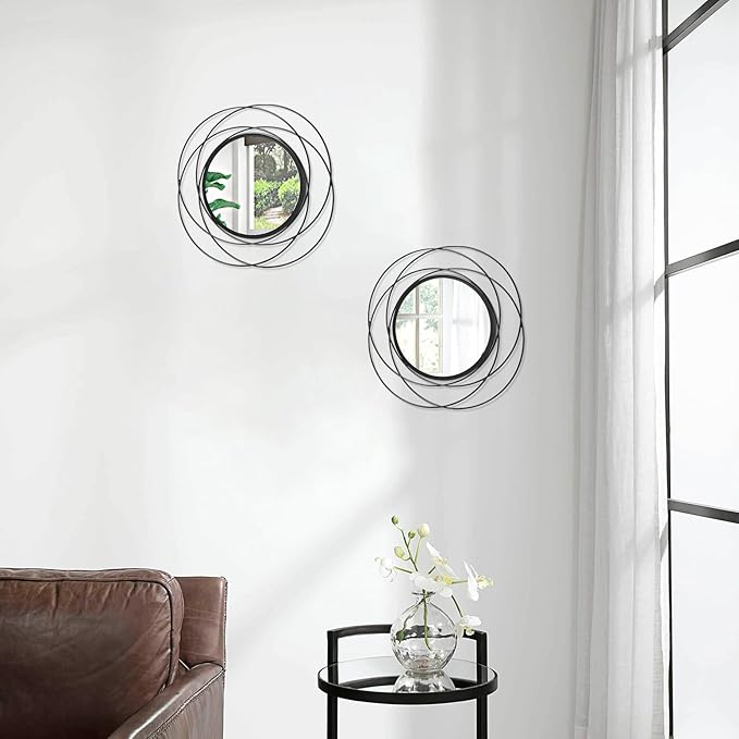 2 Set 12'' Black Circle Mirrors Wall Decor Iron Frame Wall Art Round Mirror Home Decor Hanging for Living Room Bedroom Bathroom Entryway