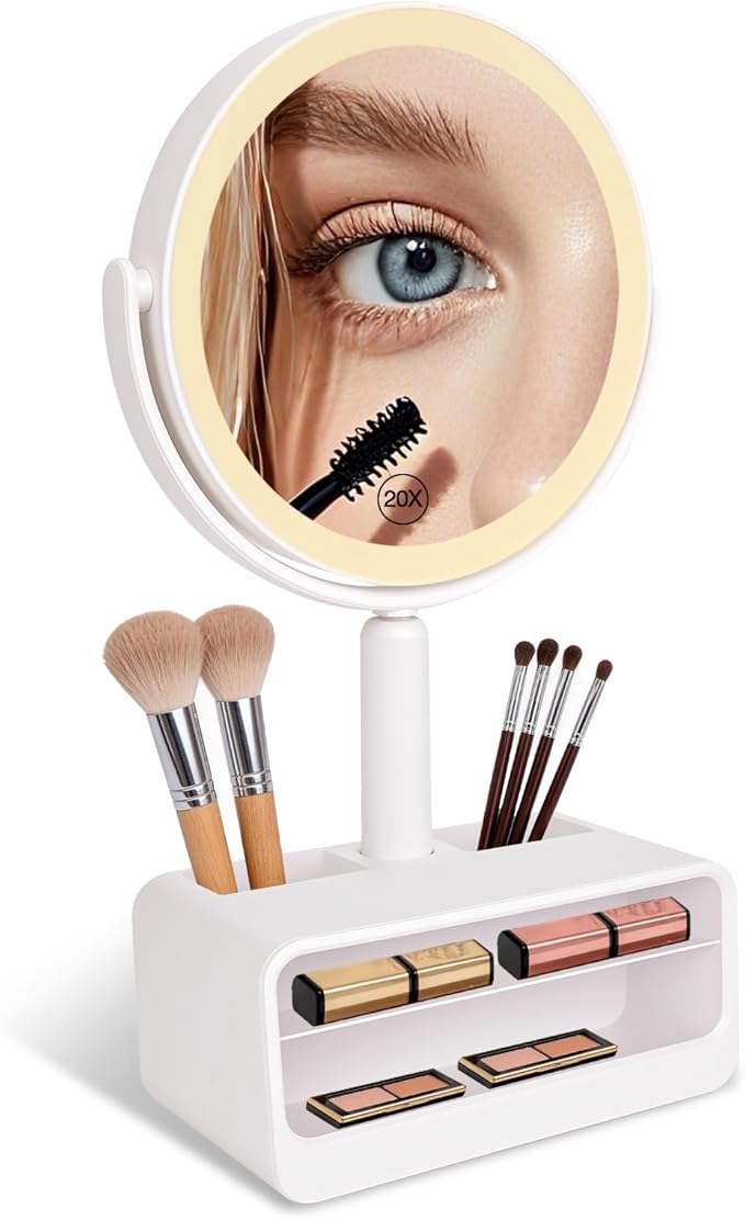 Makeup Mirror with Lights-1x/20x 360° Rotation Vanity Mirror with 3 Color Temperatures & Dimmable LED Lights, Rechargeable Desktop Mirror with Brush Holder & Cosmetics Organizer-Gift for Her