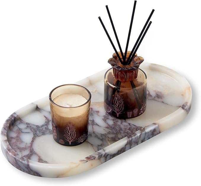 Luxury Natural Oval Marble Tray – 11.8 x 5.9-Inch Calacatta Viola Stone Vanity Tray, Large Makeup Organizer for Perfume Skincare Products, Decorative Tray for Bathroom Coffee Table & Dresser