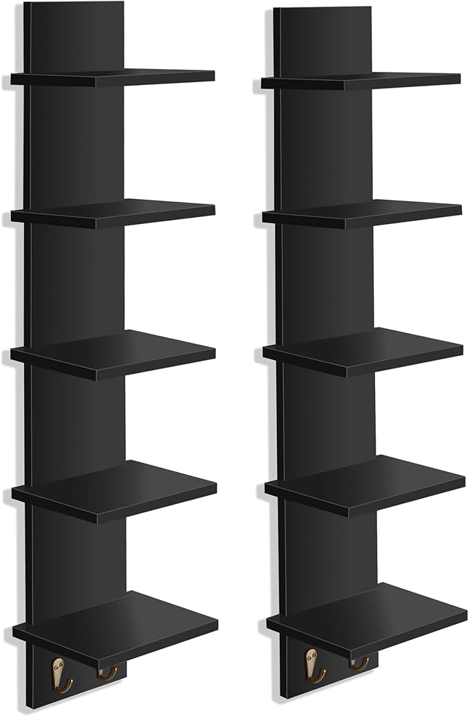 Sorbus 5 Tier Wall Shelf Unit with Hooks, Vertical Column Utility Shelving for Home Decor and Storage Organizer, Wall-Mounted Floating Shelves for Bathroom Storage, Bedroom (2 Pack)