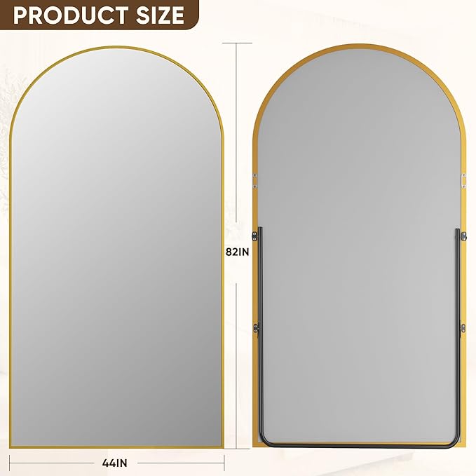 Antok Full Length Mirror, 44"x82" Floor Mirror with Stand, Hanging Mounted Mirrors for Bedroom, Living Room, Cloakroom, Dining Rooms, Gold, Arched