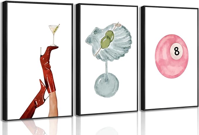 YZLYAD 3Pcs Funky Martini-Themed Wall Art,Vintage Preppy Aesthetic Fashion Pink Number 8-Ball Canvas Prints Poster, Y2k Girl's Room Wall Decor for Living Room Bedroom Dorm 24x16 In Unframed