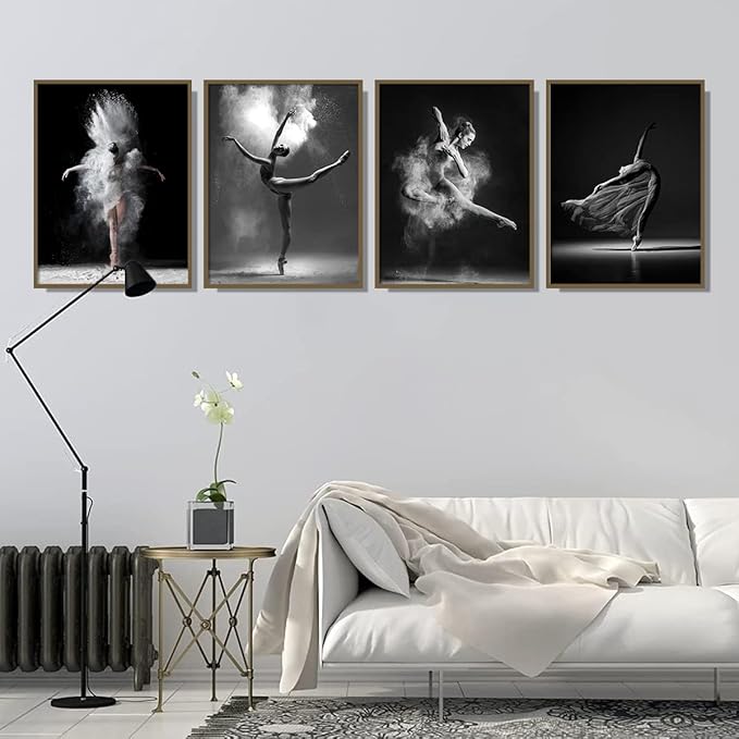 NCYEL Black and white ballet wall art dancer poster beautiful girl bedroom elegant dance classroom bathroom dormitory decoration poster 16 "x24 x4pcs