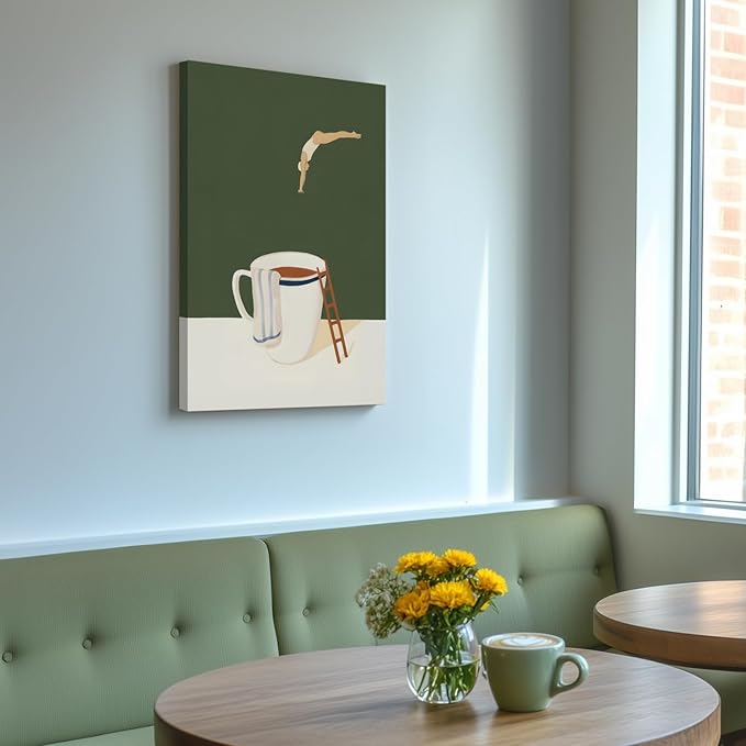 Cyebmo Modern Coffee Wall Art, Funny Diver Wall Decor, Vintage Kitchen Wall Decor, Minimalist Cafe Wrapped Canvas Painting, Green Abstract Espresso Artwork for Kitchen Cafe Coffee Bar 16x24 Inch