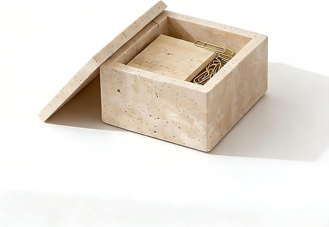 Natural Marble Storage Square Containers Cotton Swab Holder, Organizers with Lids,Travertine Stone Box for Qtips, Makeup, Bathroom Essentials & Home Storage (square box)