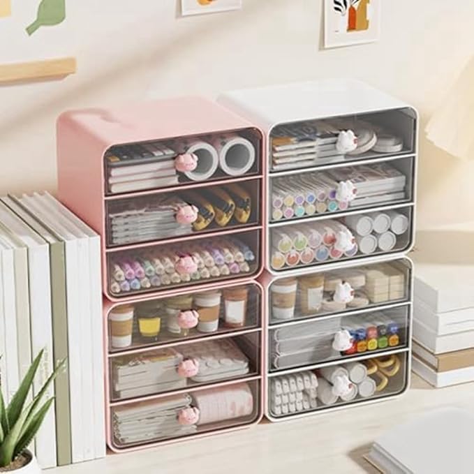Cosmetic Trays 3 Tiers Makeup Organizer Holder Cosmetic Storage Box, Bathroom Countertop, Desk with Drawers Pink-B