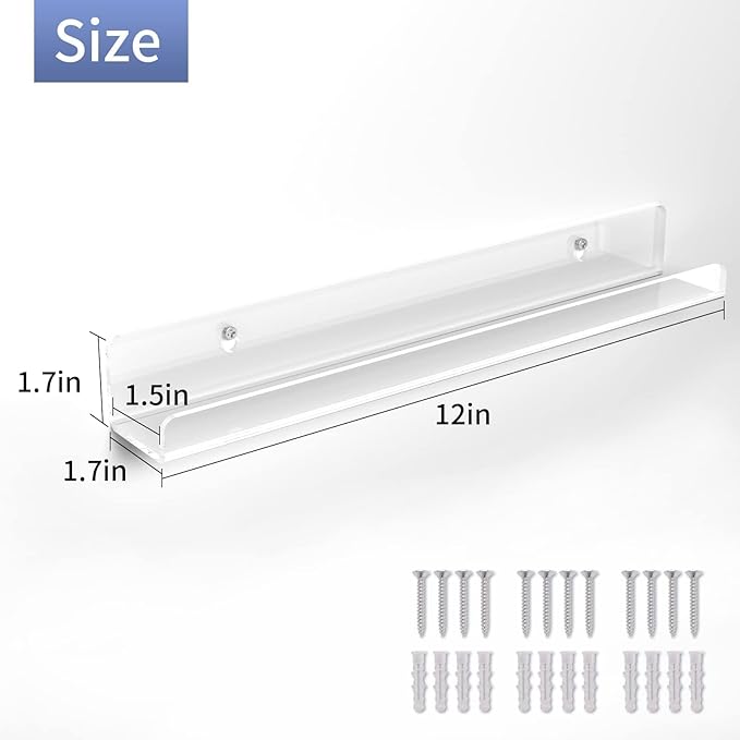 Laurensory 20 Pack Vinyl Record Shelf Wall Mount, 12-Inch Clear Acrylic Album Storage Holder, Floating Display Shelves for Wall Decor, Magazine Shelf, Kids Bookshelf, Suitable for Bedroom, Living Room