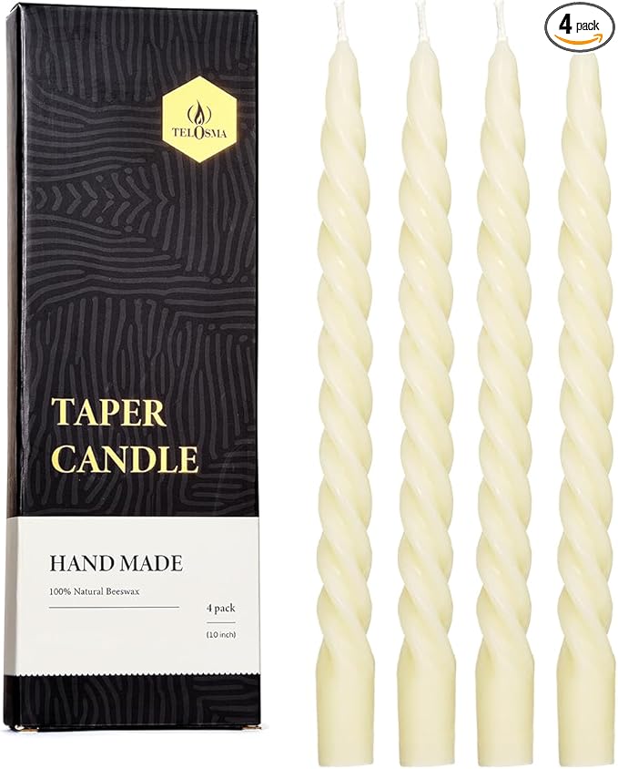 Beeswax Taper Candles Set of 4, Spiral Taper Candle Sticks Dripless Long Candle Sticks for Dinner Wedding Party Christmas Home Decorations - 10 Inch Tall - Off White