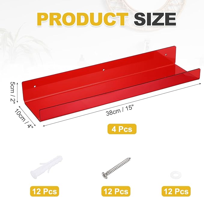MECCANIXITY 4 Pack Acrylic Shelves for Wall, 15 Inch Red Floating Shelves Wall Mount Display Shelf Organizer for Bathroom, Bedroom, Living Room, Room Decor