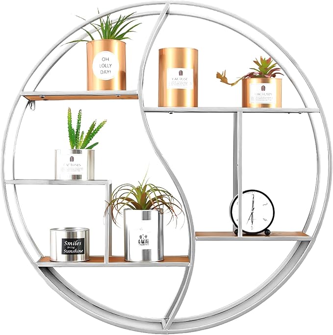 Round Wall Shelf,24 inch Metal Circle Shelf Wood Floating Shelves,Rustic Silver Wall Mounted Display Organizer Shelf for Fireplace,Living Room,Bathroom