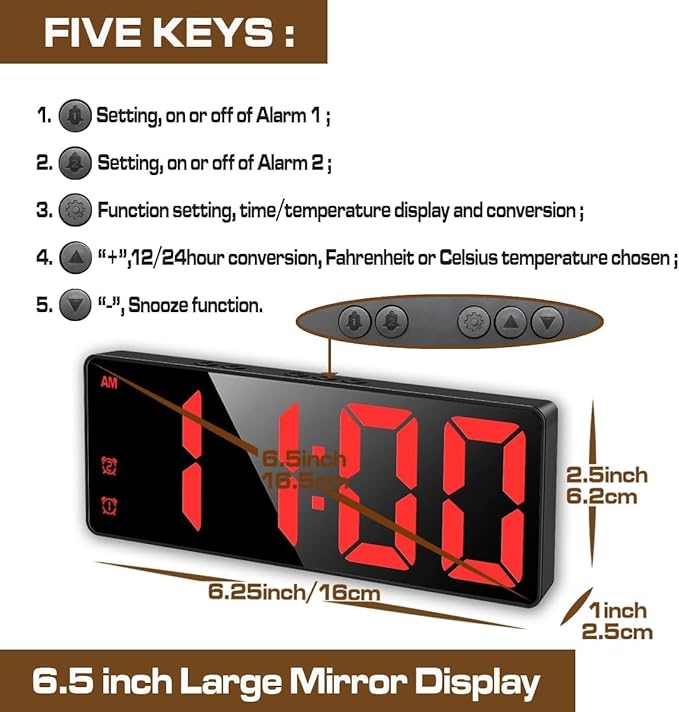 Digital Alarm Clock, Mirror Surface LED Electronic Clocks Large Display, Adjustable Brightness, Dual Power Supply, Snooze Model for Bedroom, Desk, Office (Black Case + Red Digit)