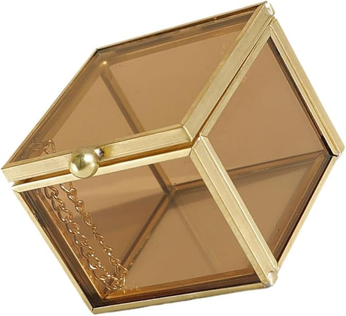 NUOBESTY Glass Jewelry Trinket Box Square Lidded Glass Organizer Case Yellow Nordic Style Jewelry Storage for Home and Makeup,