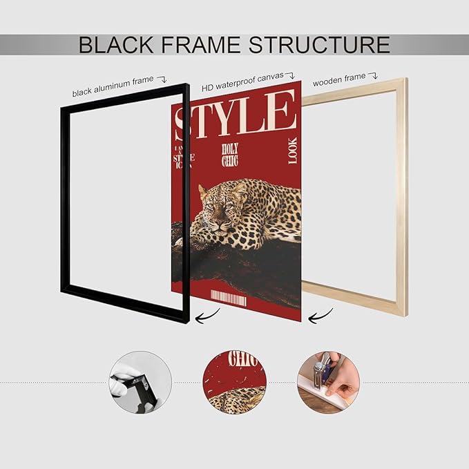 Red Cheetah Wall Art Vintage Trendy Cool Y2k Leopard Style Posters Funky Magazine Aesthetic Cover Canvas Prints 12X16 inch Black Framed for Living Room Bedroom Dorm Wall Decor