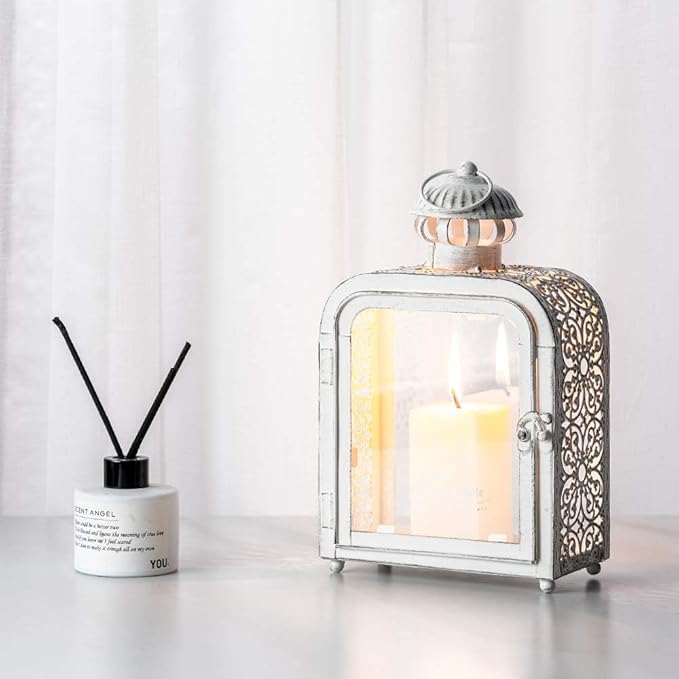 DECORKEY Candle Lantern Decorative Indoor & Outdoor, Vintage Metal Lanterns with Clear Glass, Tabletop&Hanging Candle Holders for Patio Front Porch Home Decor, Halloween Christmas Decorations (White)