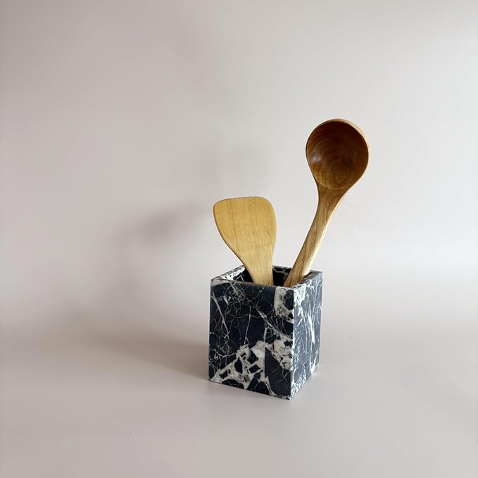 Natural Marble Stone Square Storage Container Empty Vessel Holder Cup for Candle/Pens/Sundries items (Calacatta Black)