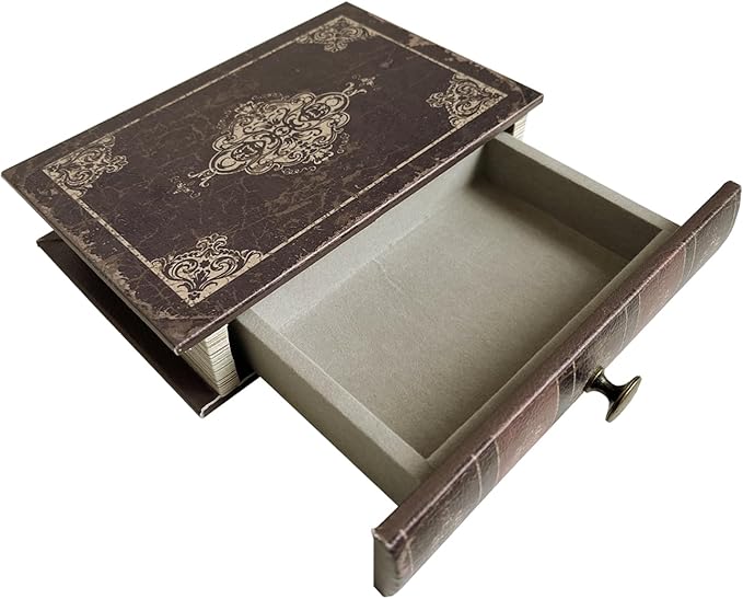 Vintage Decorative Book Storage Box with Drawer, Distressed Dark Brown Faux Leather Finish with Ornate Pattern, Hidden Keepsake Case for Desk or Bookshelf Display 11.8″ x 8.7″ x 2.4″