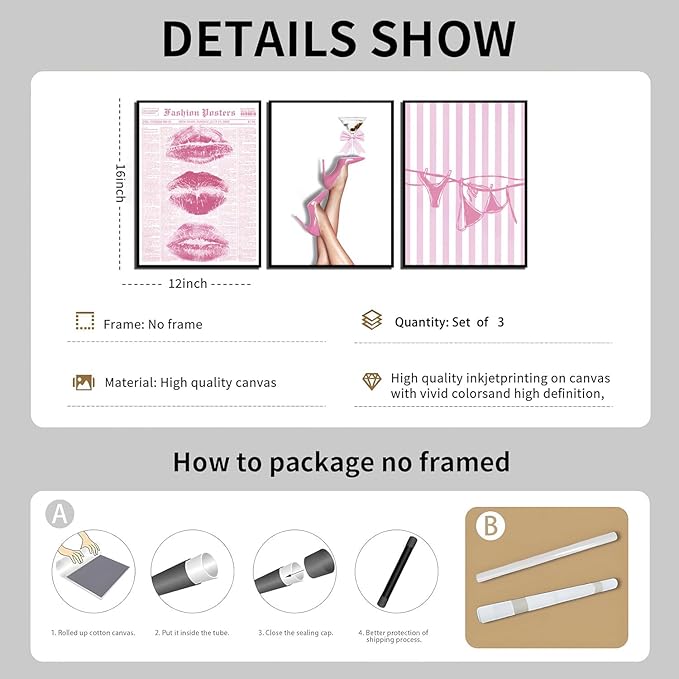 3Pcs Trendy Coquette Wall Art Pink Lips Bikini & Bow Heels Wall Decor Pictures Vintage Martini Newspapaer Canvas Posters Prints for Y2K Girly Room Dorm Apartment Preppy Aesthetic Decor 12x16in