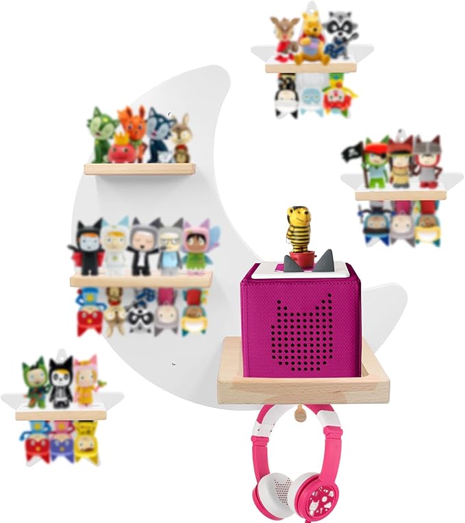 Taladad for Toniebox 2/1 Tonie Shelf Wall Mounted Set,Tonie Figures Storage,Magnetic Wooden Floating Shelves Compatible with Tonie Box Player Character for Children Room