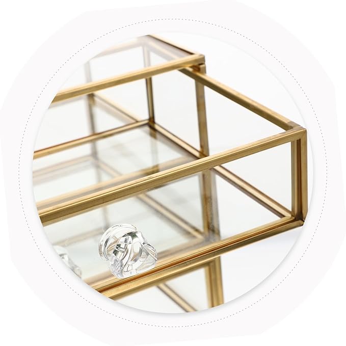 3-Tier Drawer Jewelry Storage Box Glass Organizer Alloy Frame for Necklaces Bracelets Earrings and Cosmetics for Home or Travel