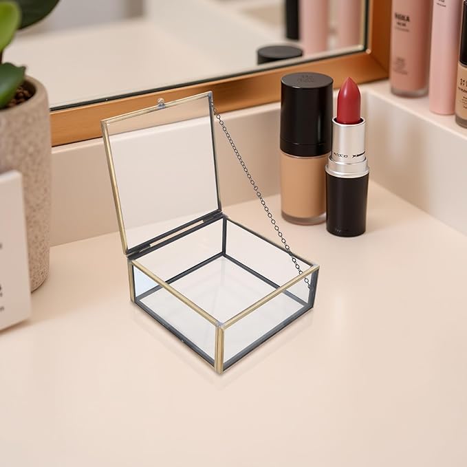 Totority Vintage Glass Jewelry Box with Alloy Frame, Retro Trinket Organizer for Perfume and Makeup Storage, Dustproof Display Case for Home Vanity and Desktop