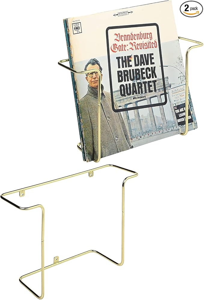MyGift Modern Metal Wire Wall Mounted Vinyl Records Storage Racks, Hanging LP Record Holders, Floating Album Cover Display Shelves, Set of 2 (Brass-2 Pcs)