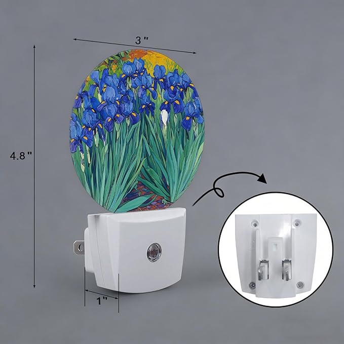 Blue Flower Oil Painting Night Light Plug Into Wall Auto Led Sleep Round Lamp for Living Room Hallway Stairs